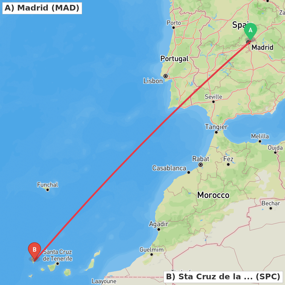 Flight route map from Madrid to Sta Cruz de la Palma, La Palma Island