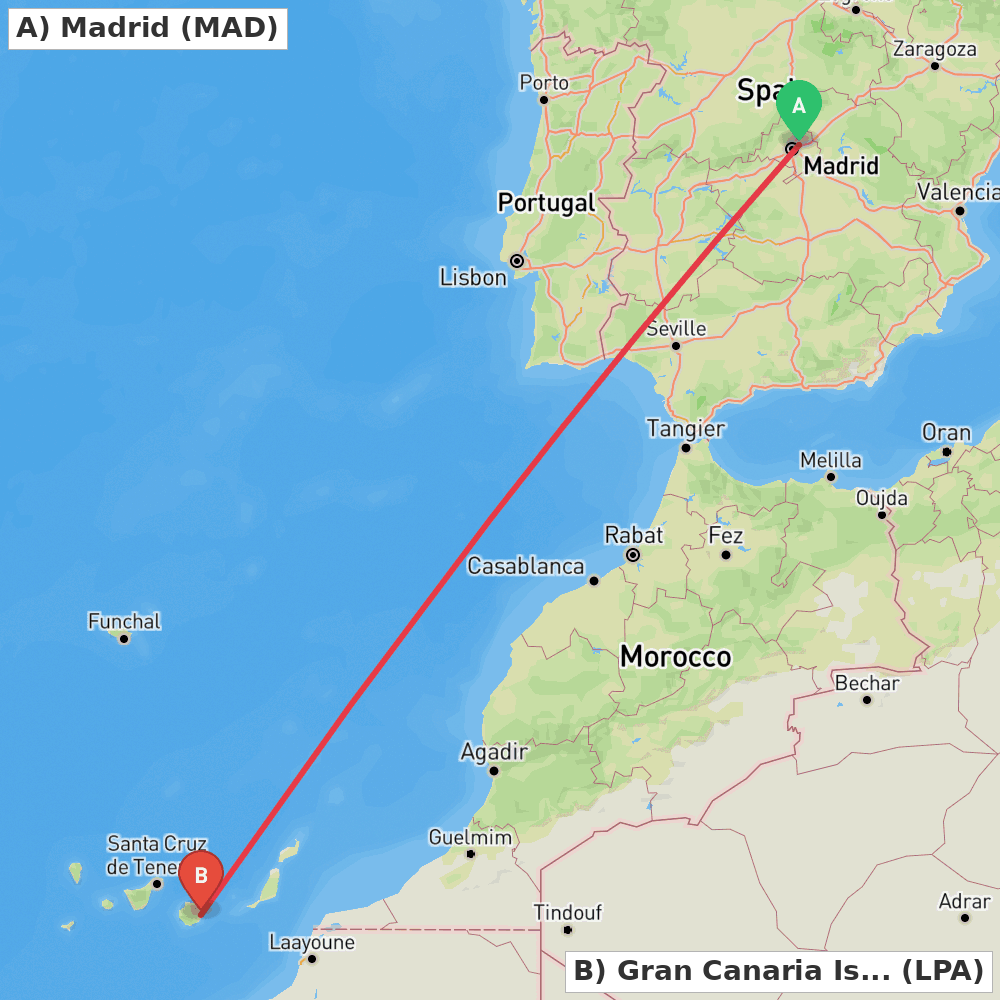 Flight route map from Madrid to Gran Canaria Island