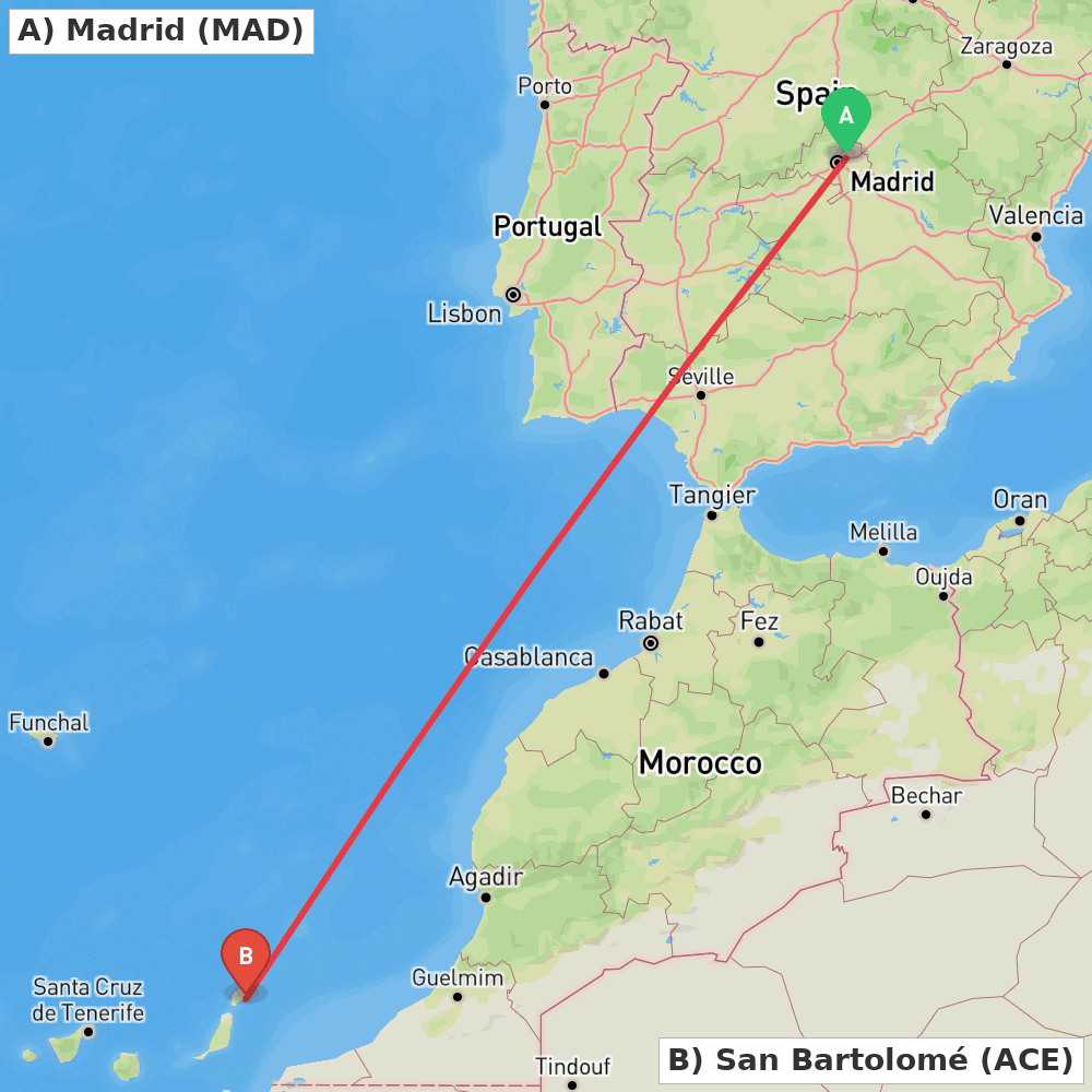 Flight route map from Madrid to San Bartolomé