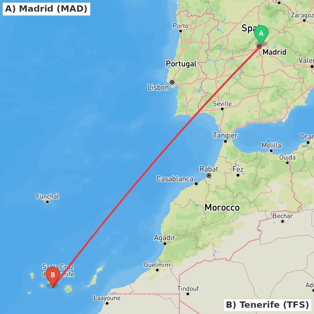 Flight route map from Madrid to Tenerife