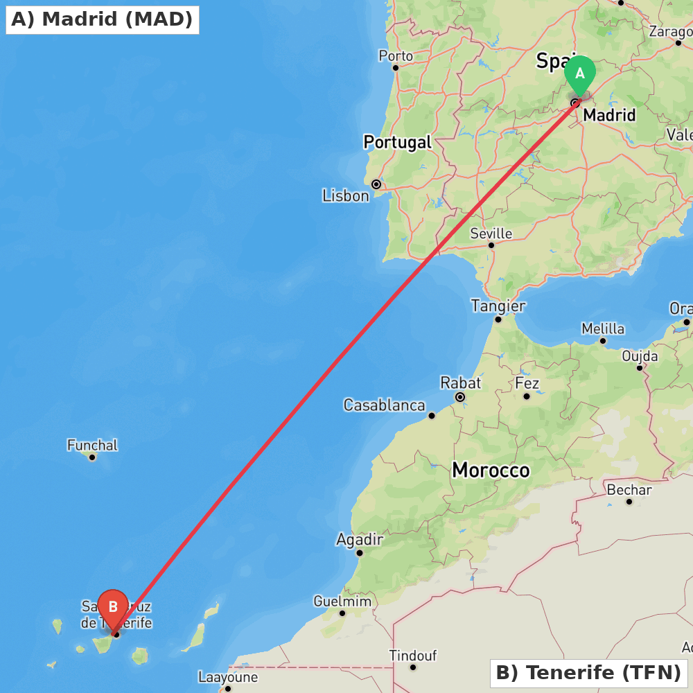 Flight route map from Madrid to Tenerife