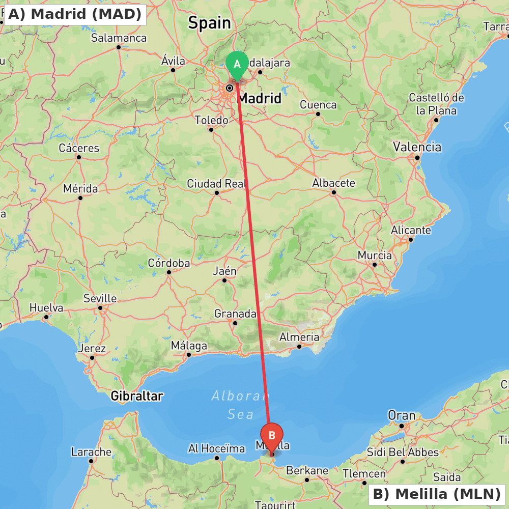 Flight route map from Madrid to Melilla