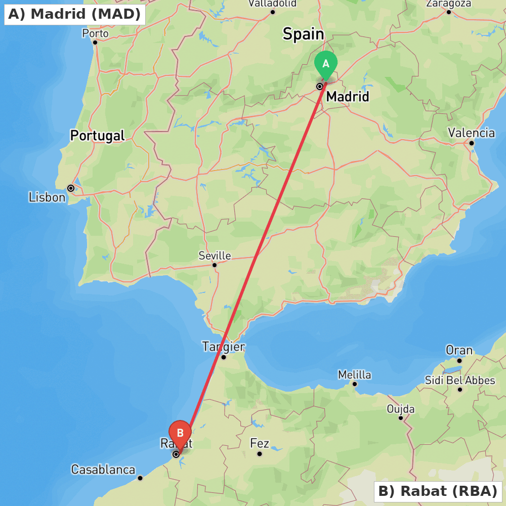 Flight route map from Madrid to Rabat