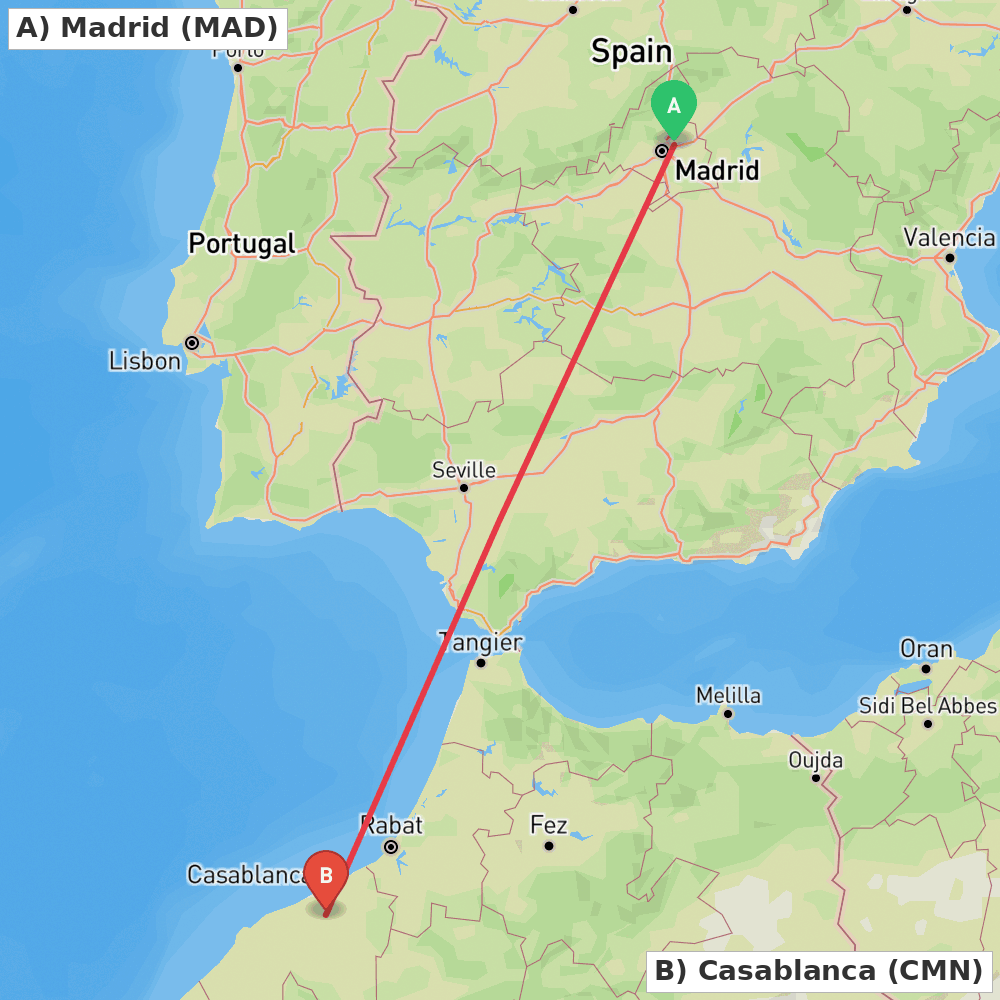 Flight route map from Madrid to Casablanca