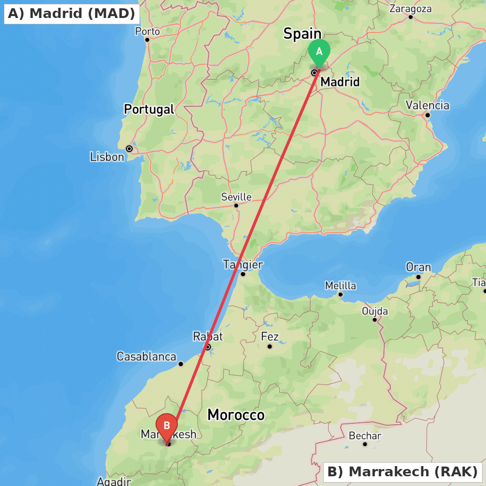 Flight route map from Madrid to Marrakech