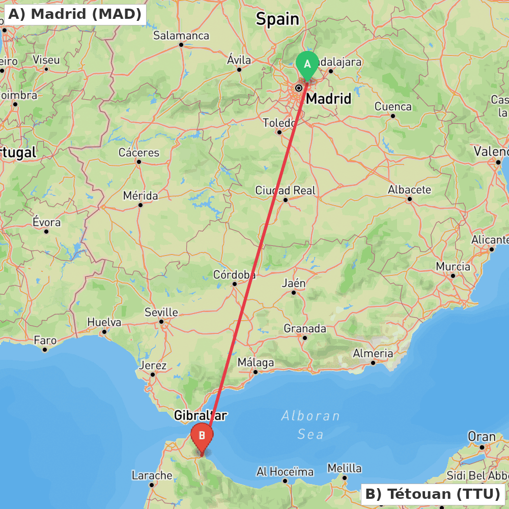 Flight route map from Madrid to Tétouan
