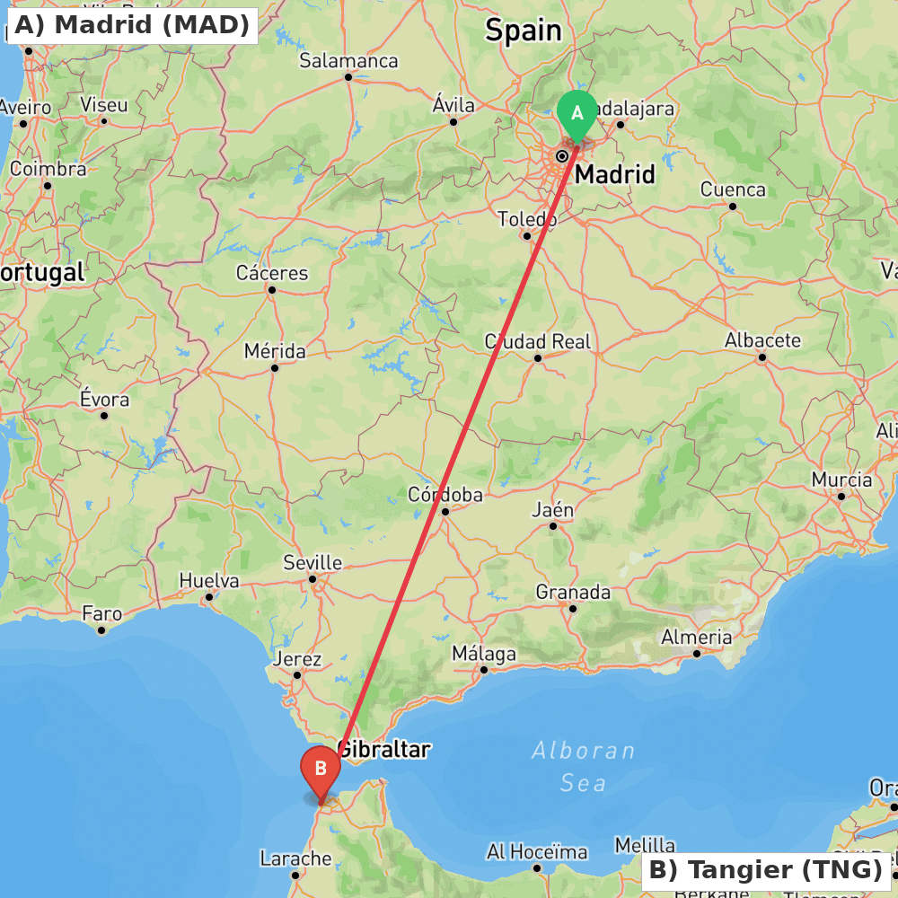 Flight route map from Madrid to Tangier