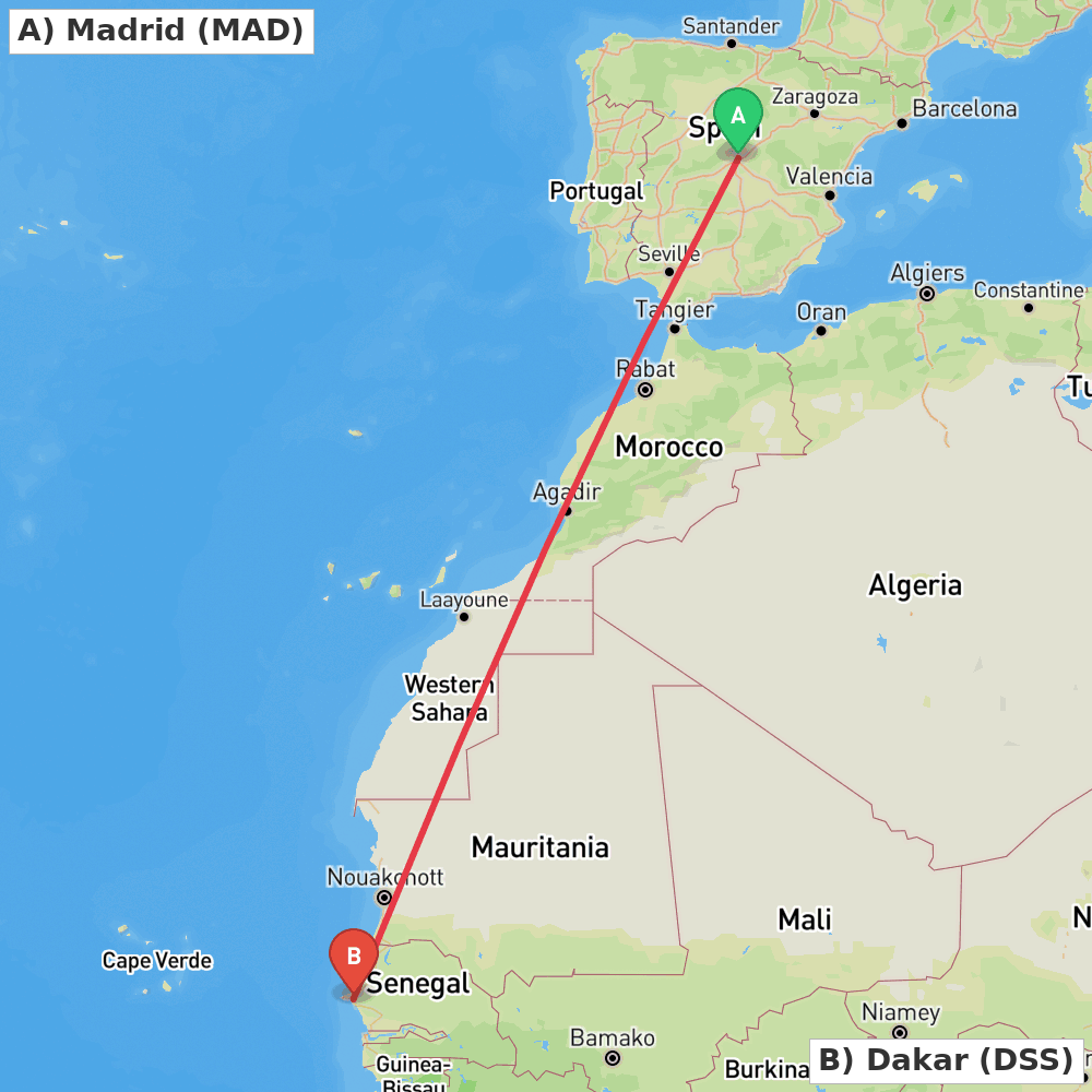 Flight route map from Madrid to Dakar