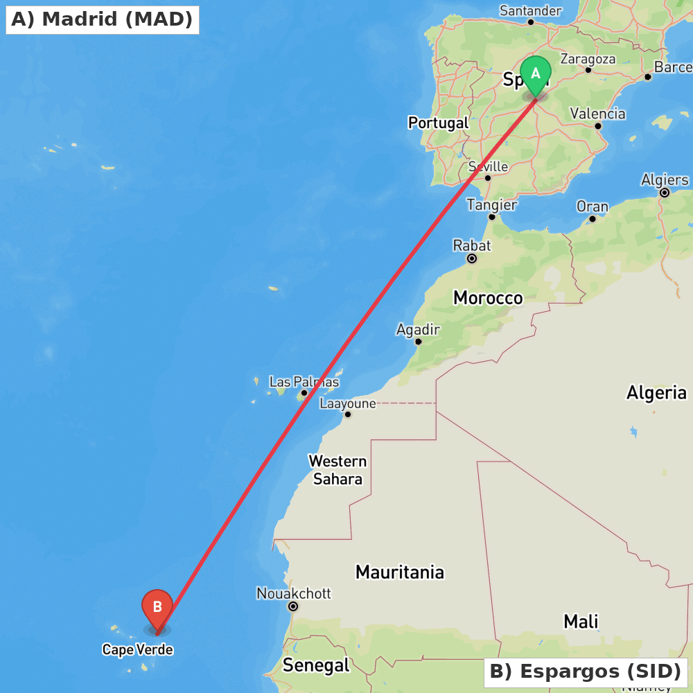 Flight route map from Madrid to Espargos