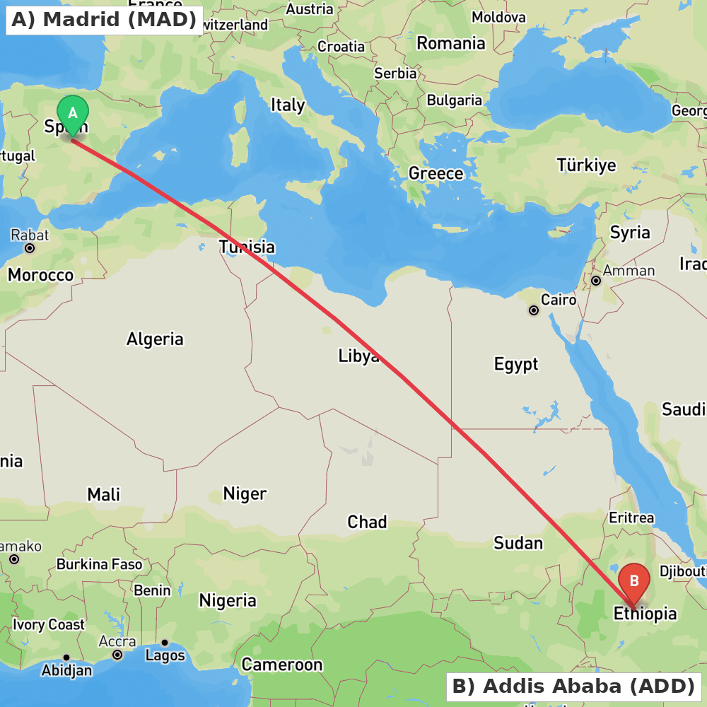 Flight route map from Madrid to Addis Ababa
