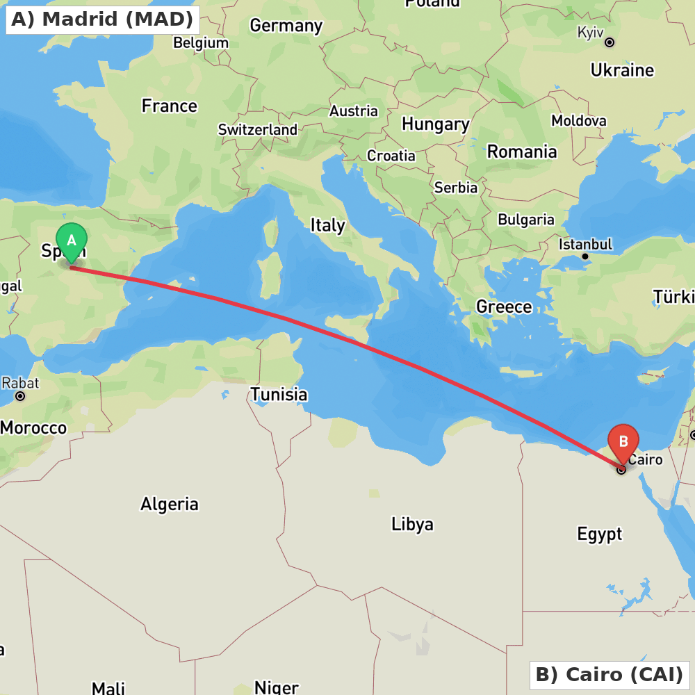 Flight route map from Madrid to Cairo