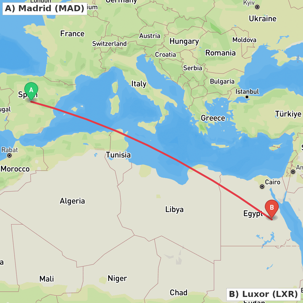 Flight route map from Madrid to Luxor