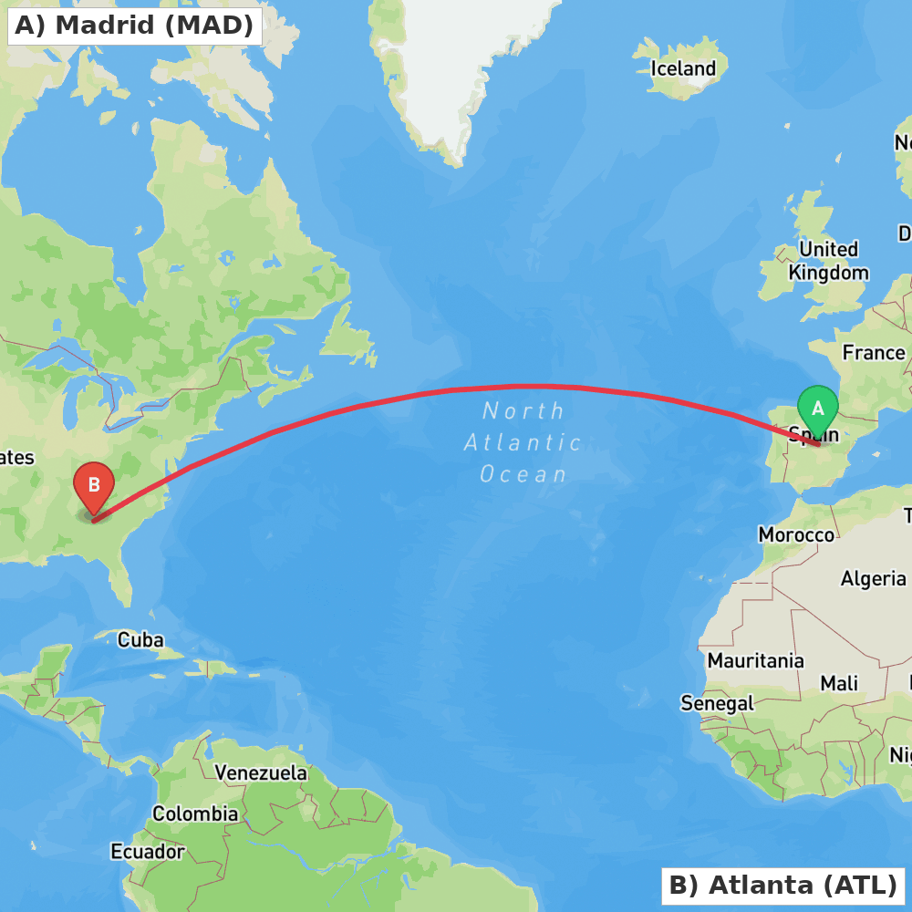 Flight route map from Madrid to Atlanta