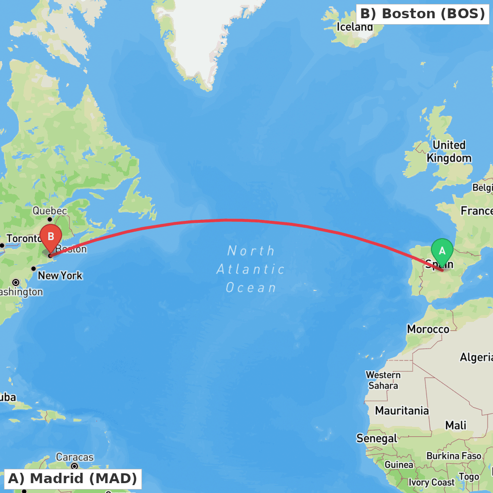 Flight route map from Madrid to Boston