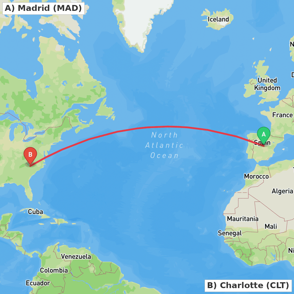 Flight route map from Madrid to Charlotte