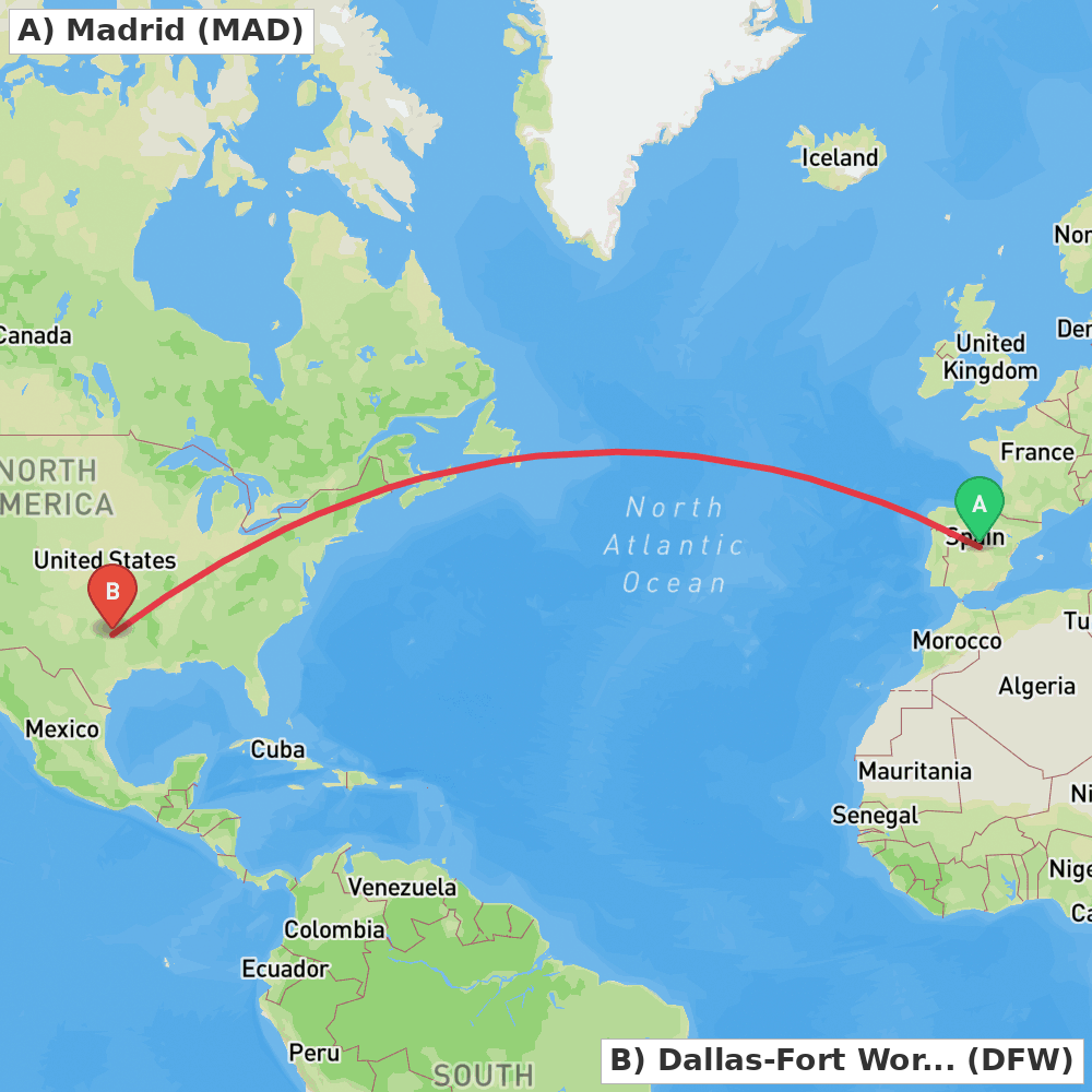 Flight route map from Madrid to Dallas-Fort Worth