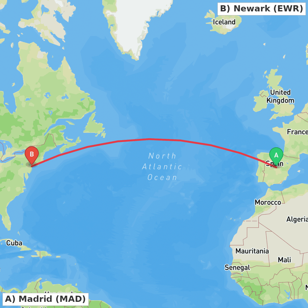 Flight route map from Madrid to Newark