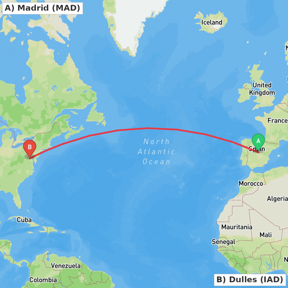 Flight route map from Madrid to Dulles