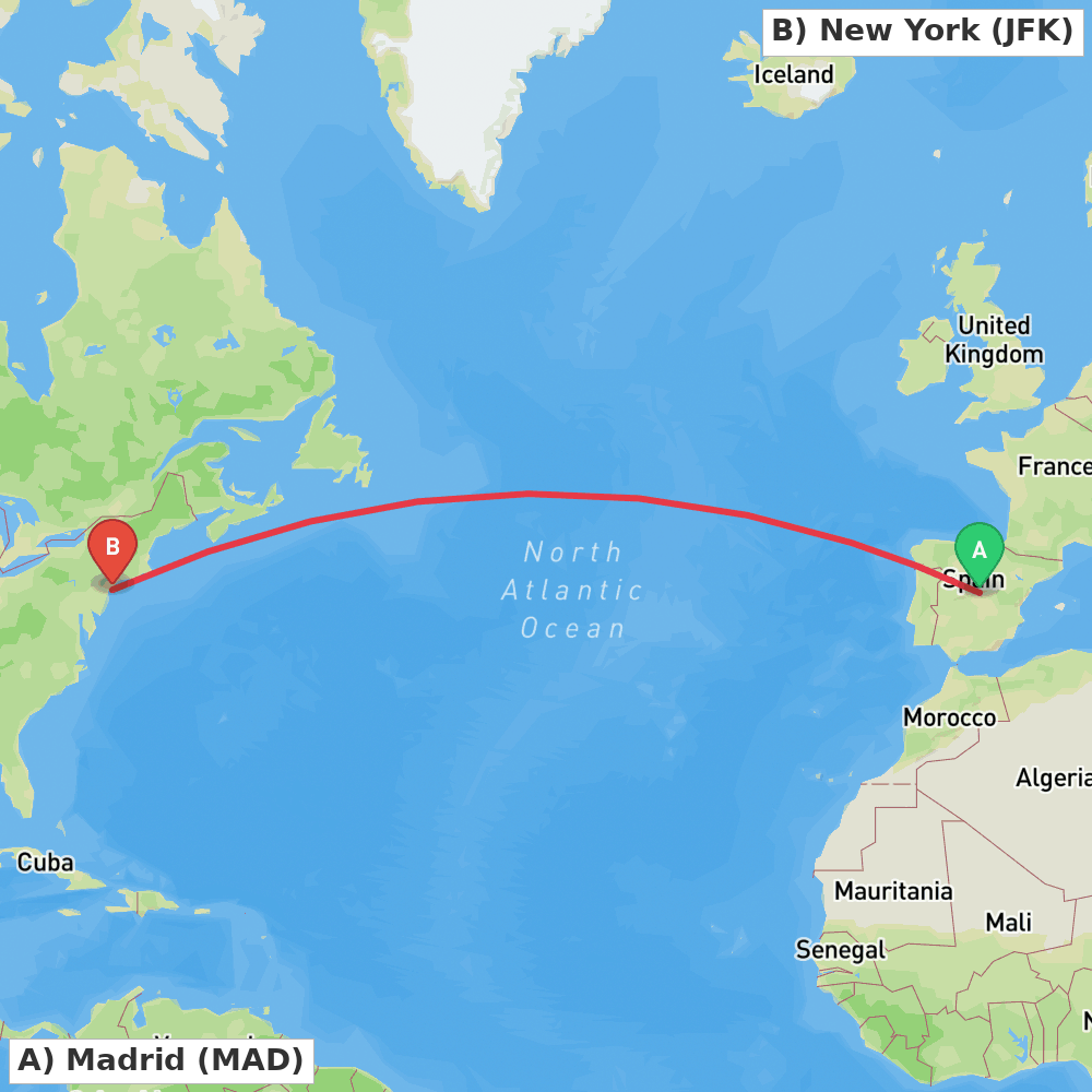 Flight route map from Madrid to New York