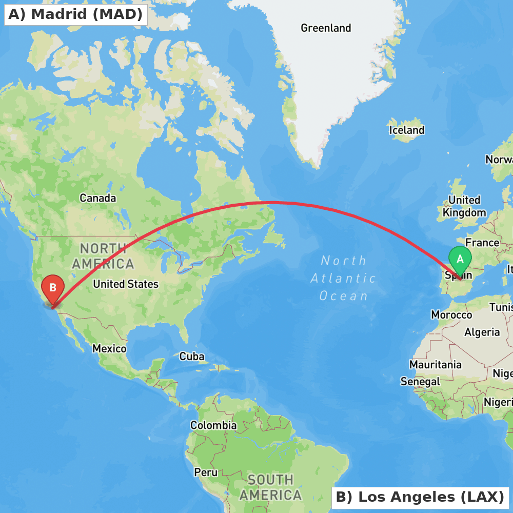 Flight route map from Madrid to Los Angeles