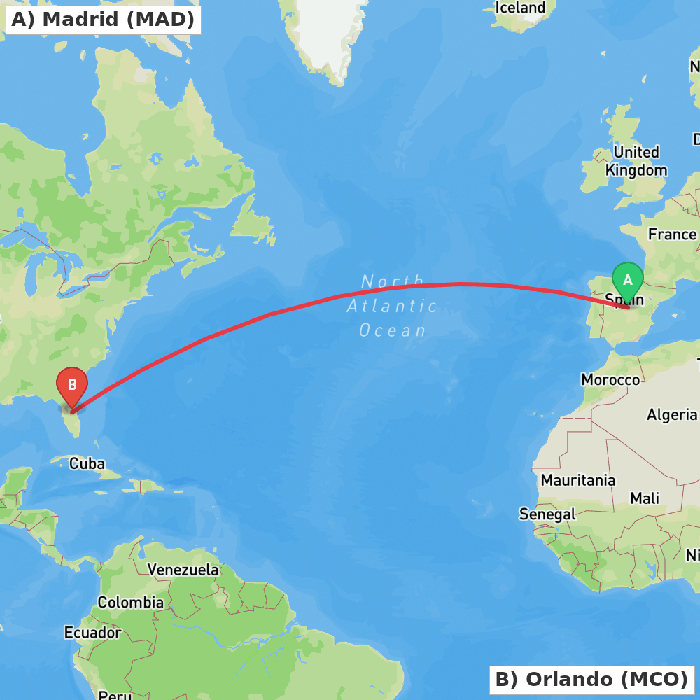 Flight route map from Madrid to Orlando