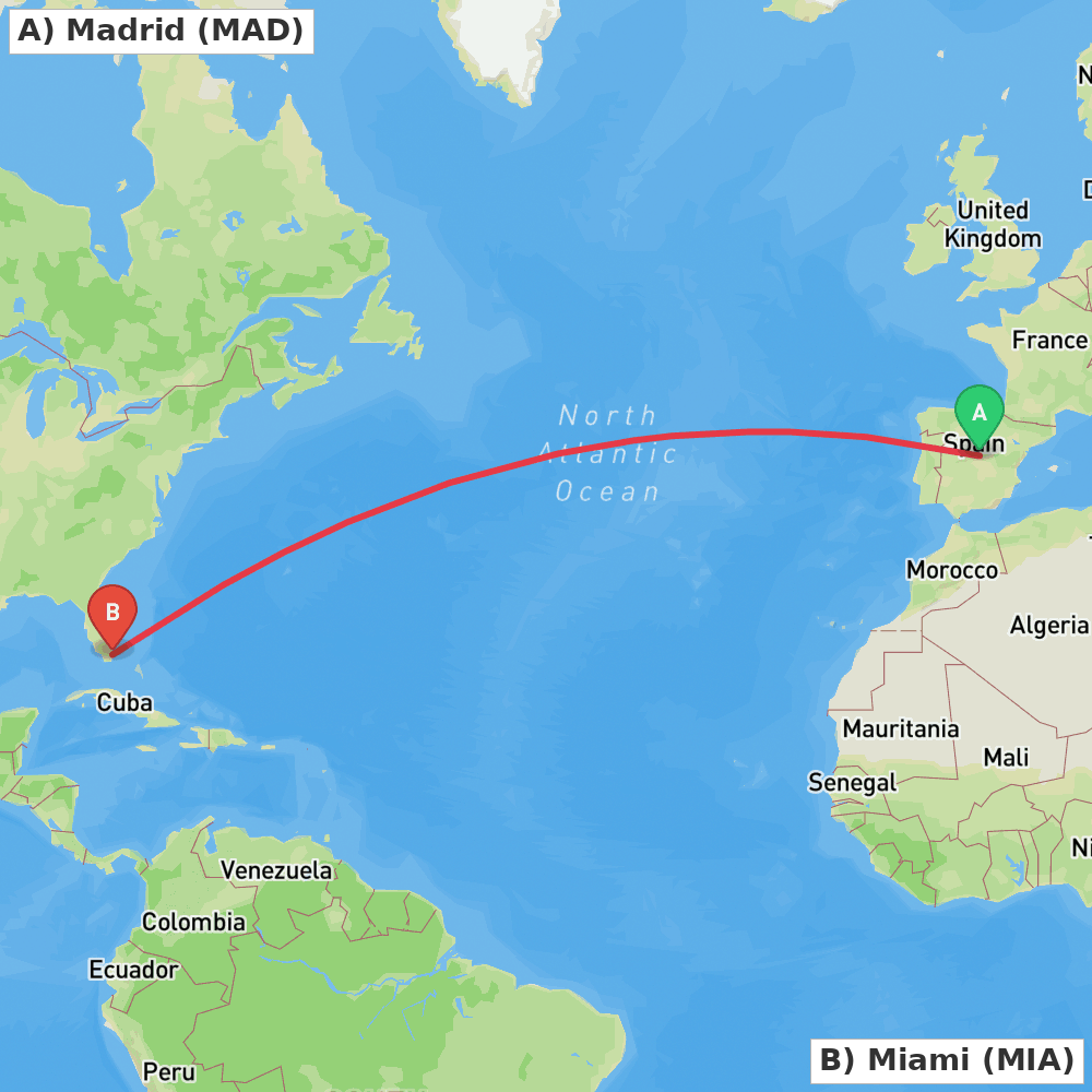 Flight route map from Madrid to Miami