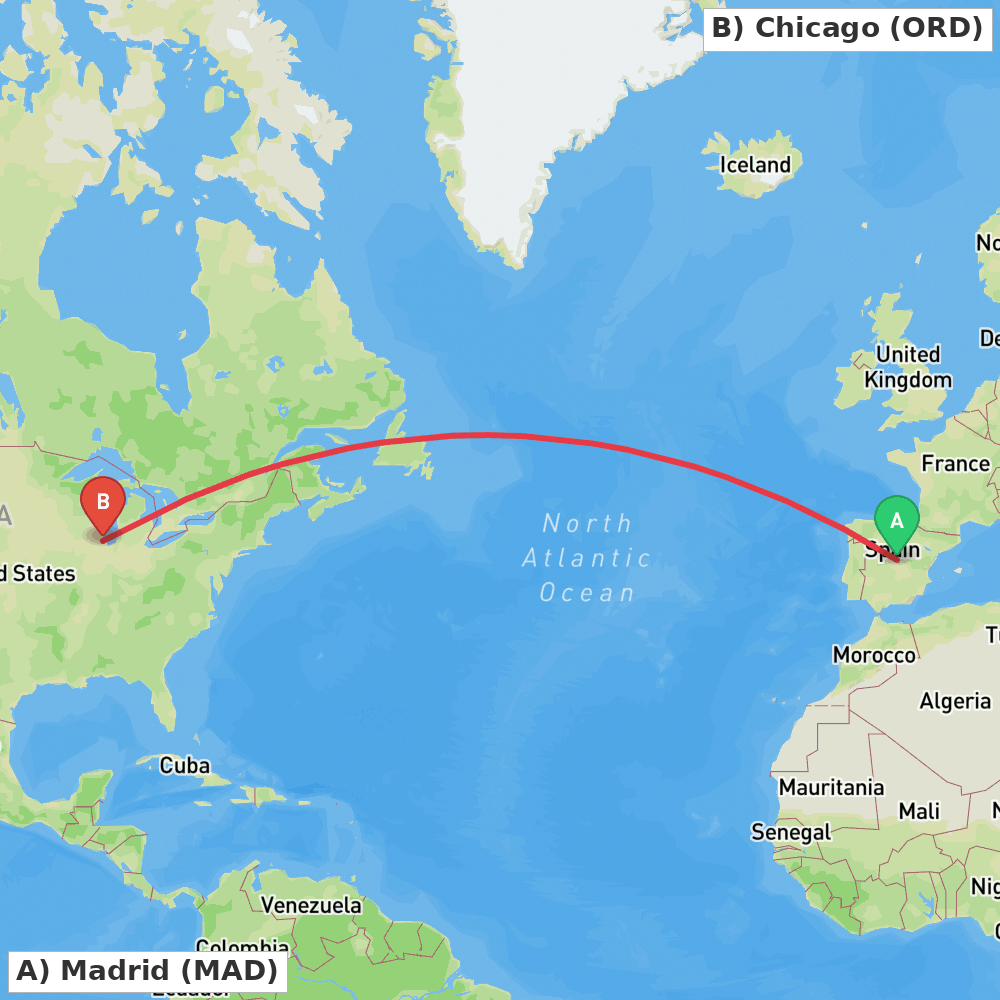 Flight route map from Madrid to Chicago