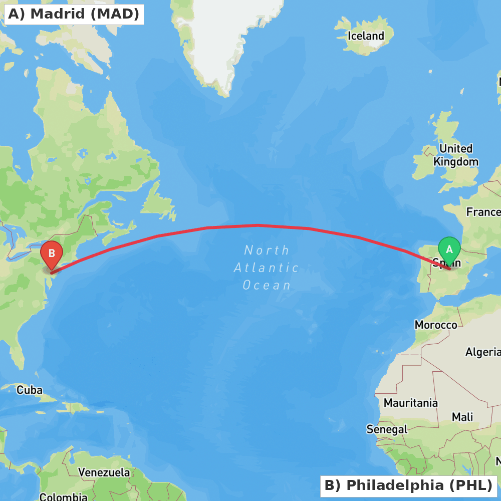 Flight route map from Madrid to Philadelphia