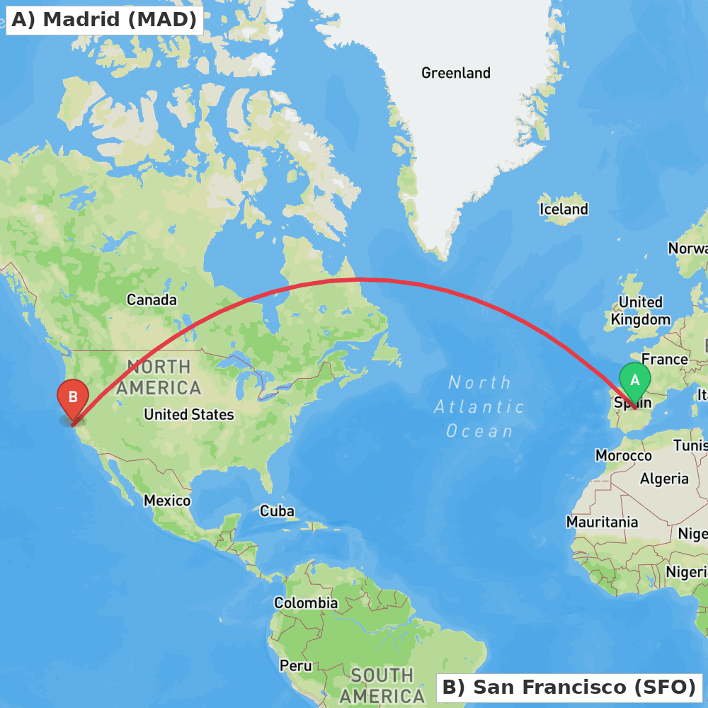 Flight route map from Madrid to San Francisco