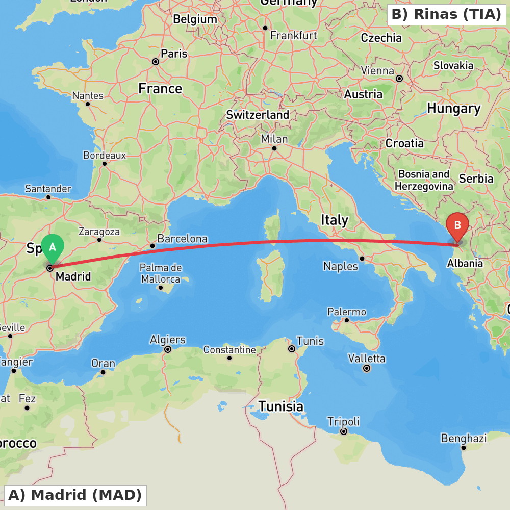 Flight route map from Madrid to Rinas