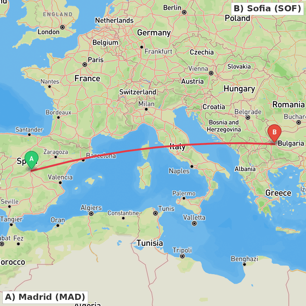 Flight route map from Madrid to Sofia