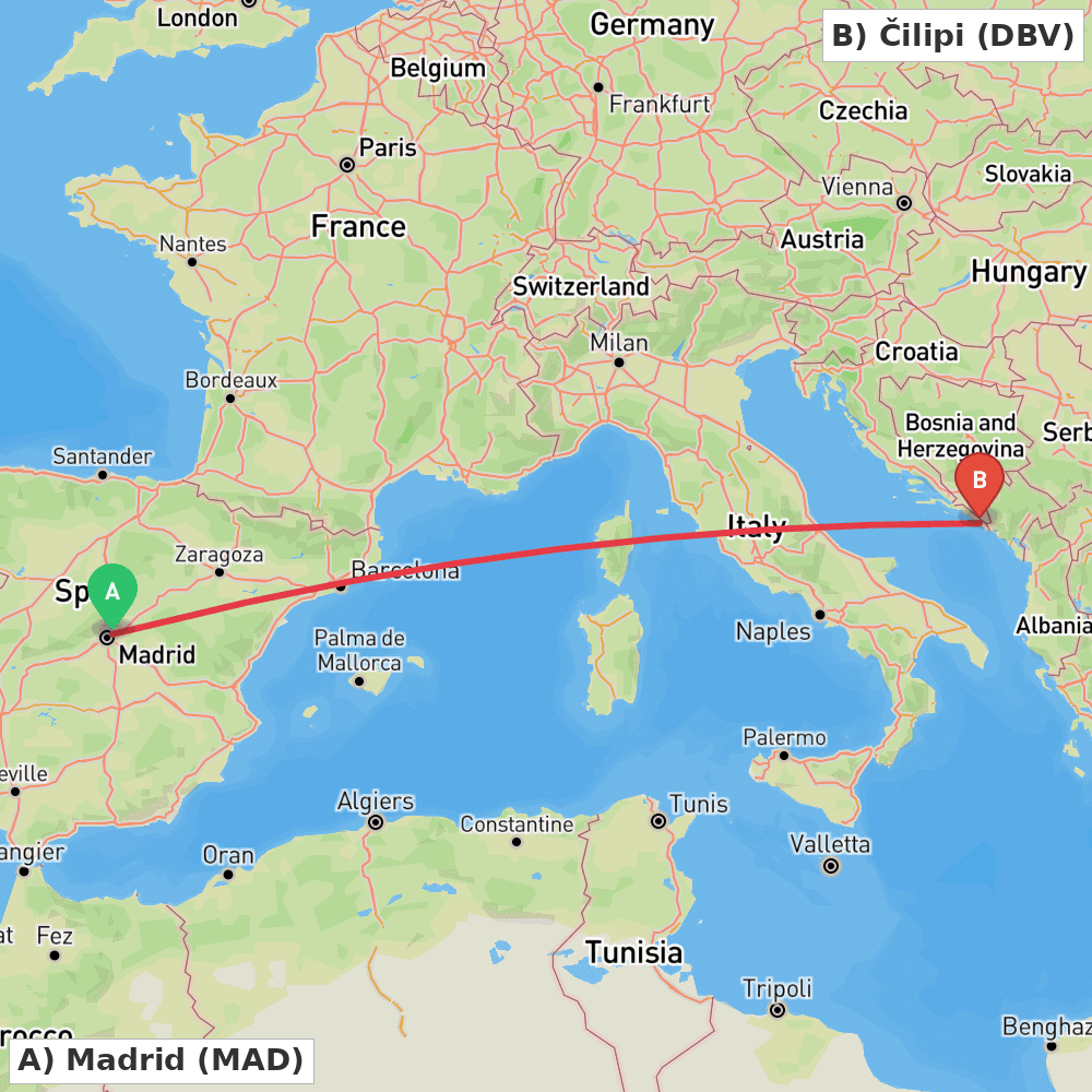 Flight route map from Madrid to Čilipi