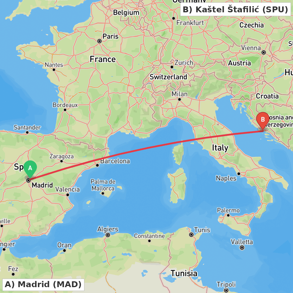 Flight route map from Madrid to Kaštel Štafilić