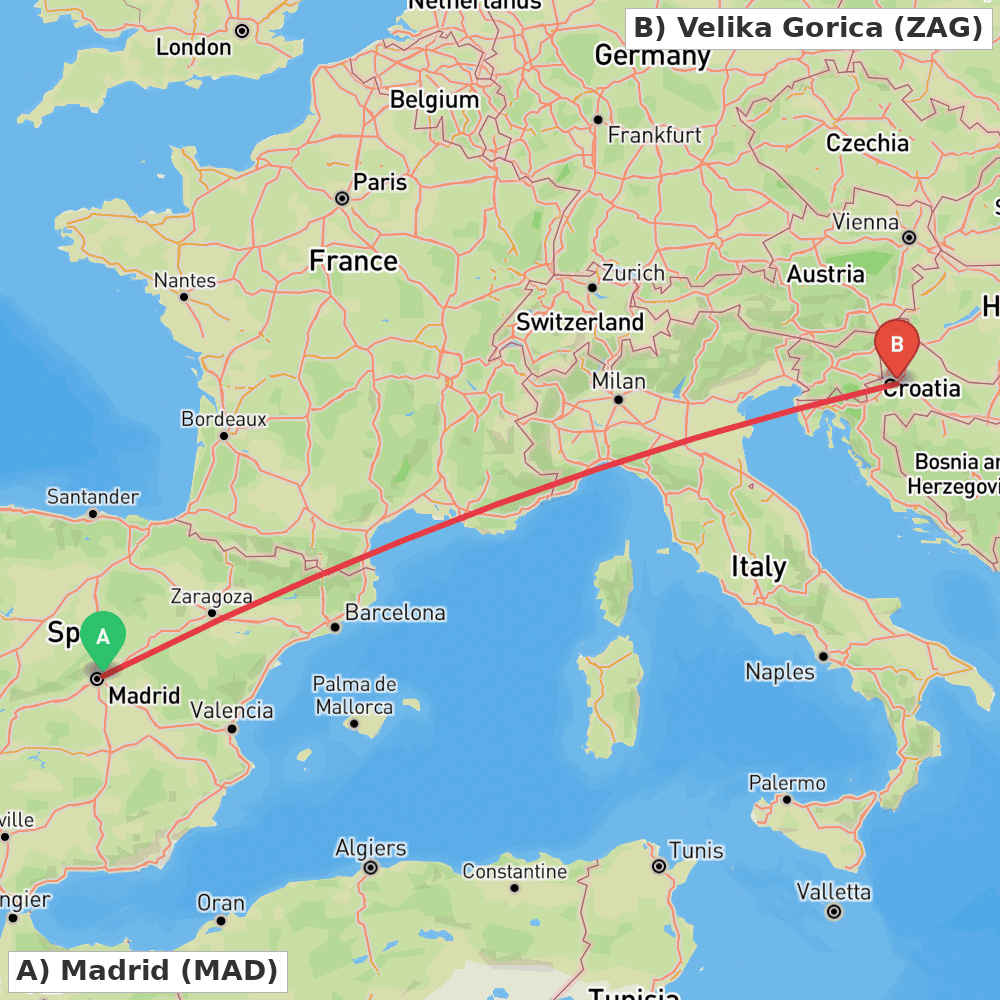 Flight route map from Madrid to Velika Gorica