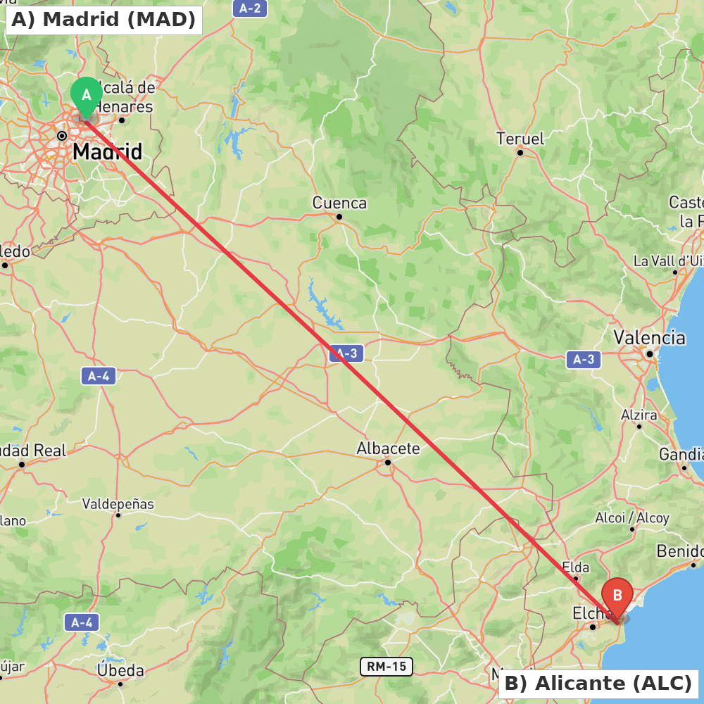 Flight route map from Madrid to Alicante