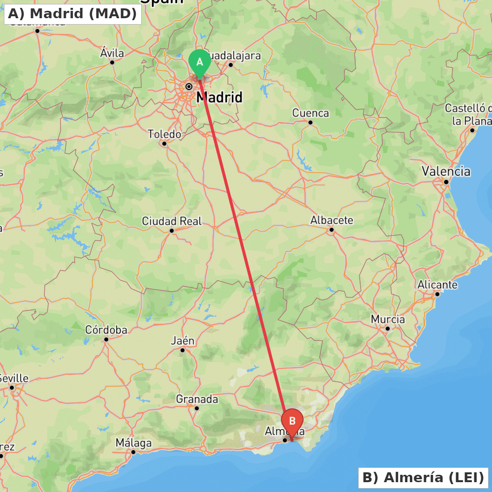 Flight route map from Madrid to Almería