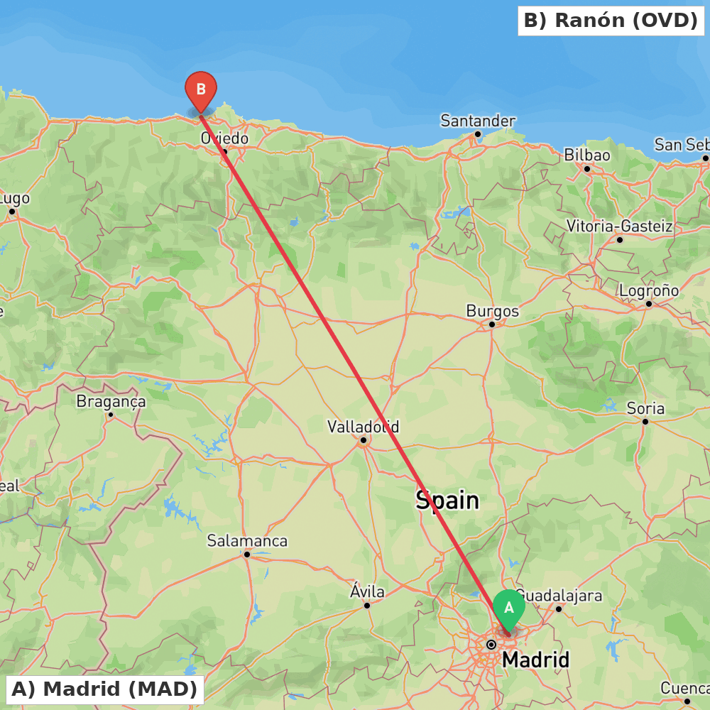 Flight route map from Madrid to Ranón