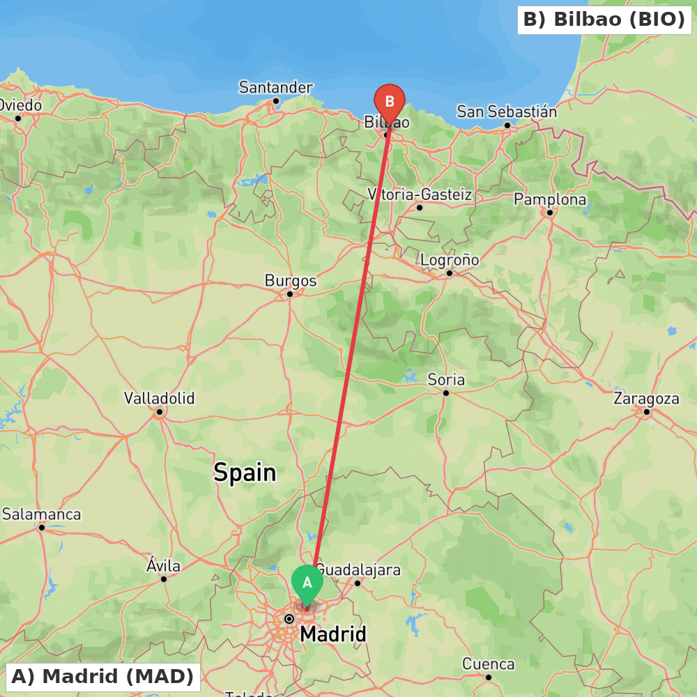 Flight route map from Madrid to Bilbao