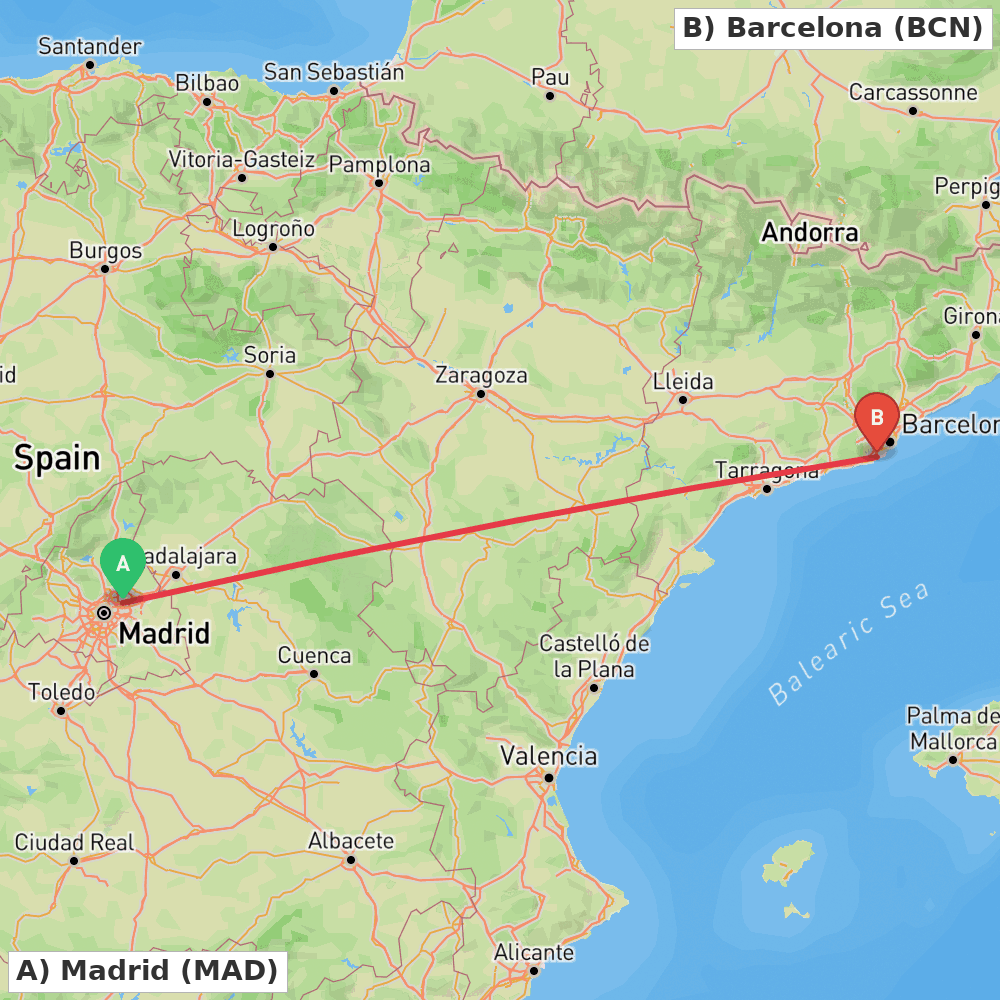 Flight route map from Madrid to Barcelona
