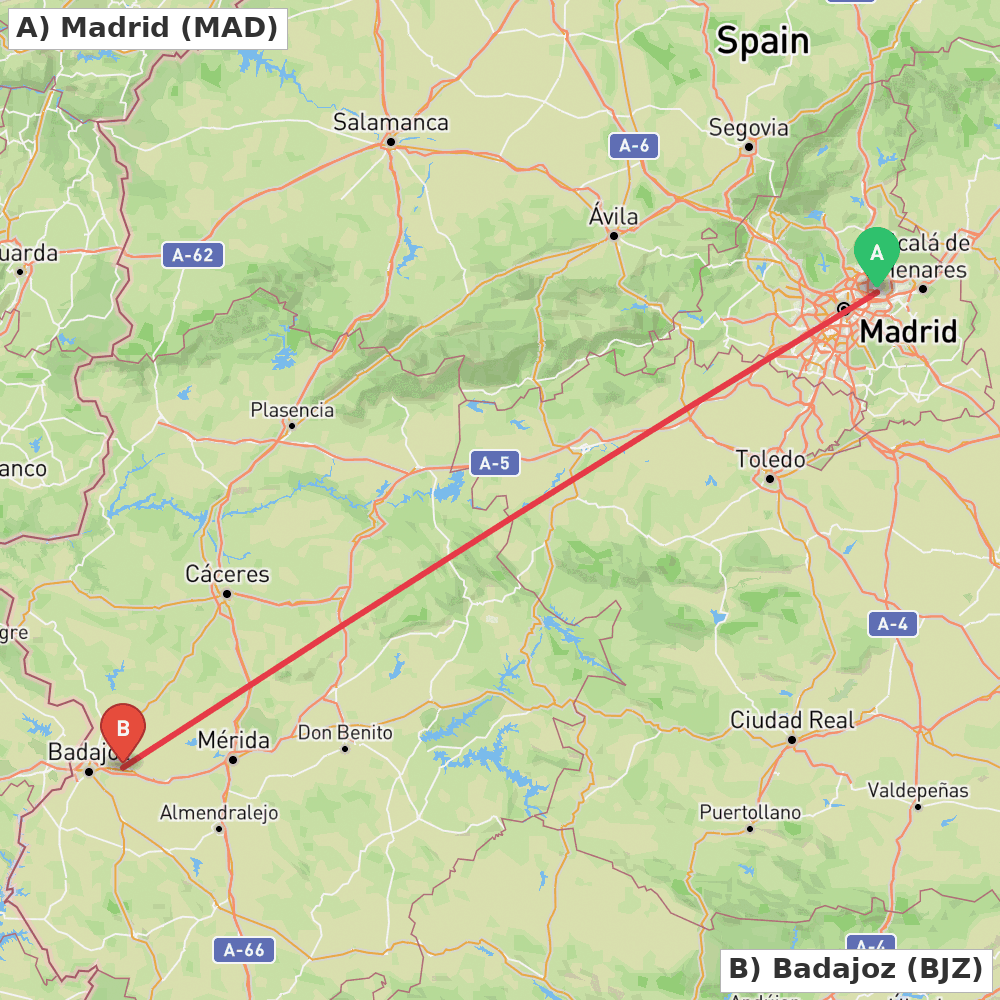 Flight route map from Madrid to Badajoz