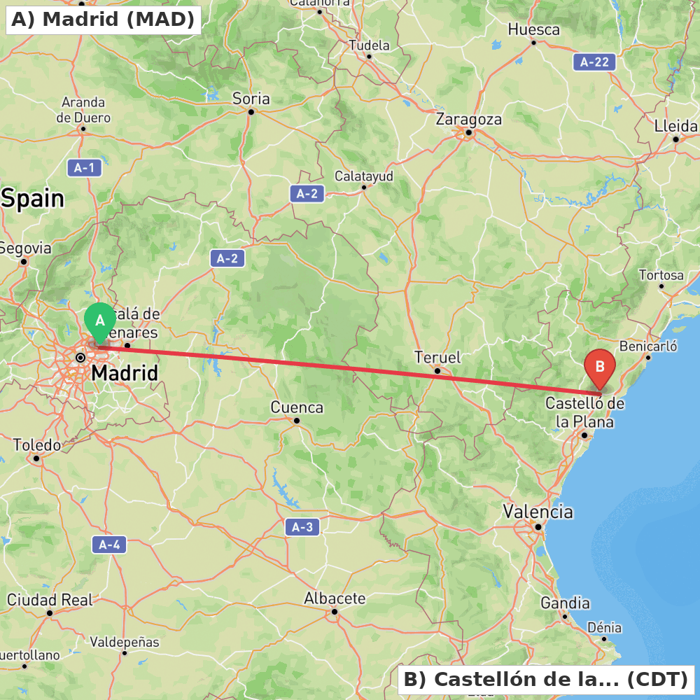 Flight route map from Madrid to Castellón de la Plana