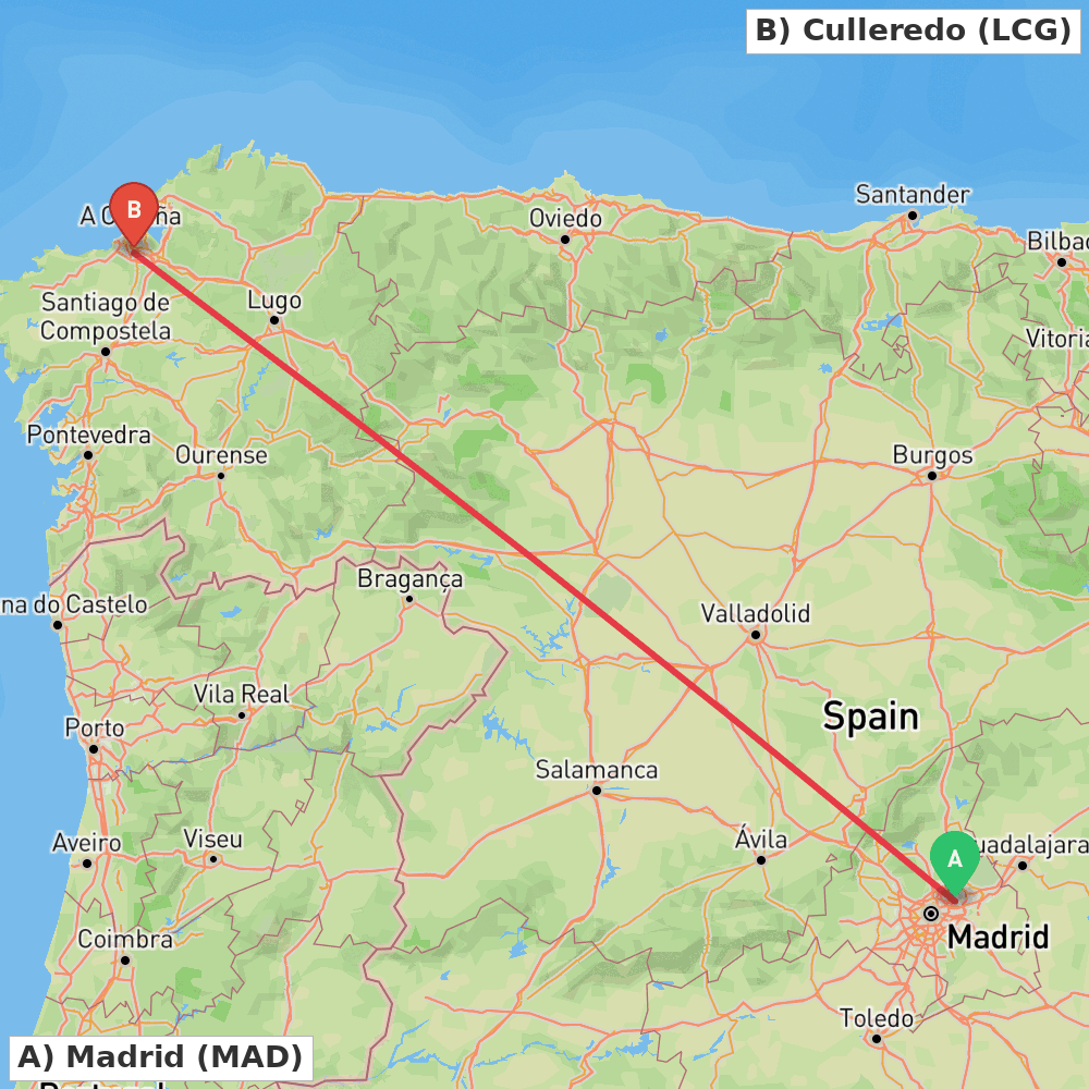 Flight route map from Madrid to Culleredo