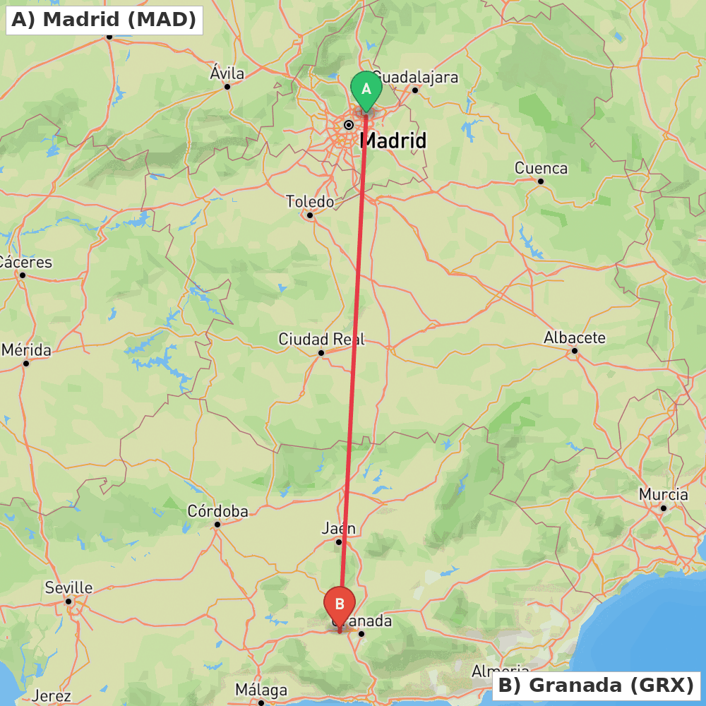 Flight route map from Madrid to Granada