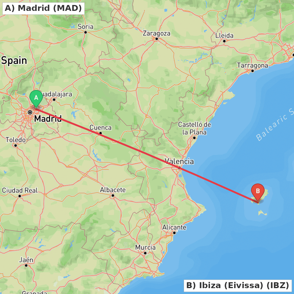 Flight route map from Madrid to Ibiza (Eivissa)