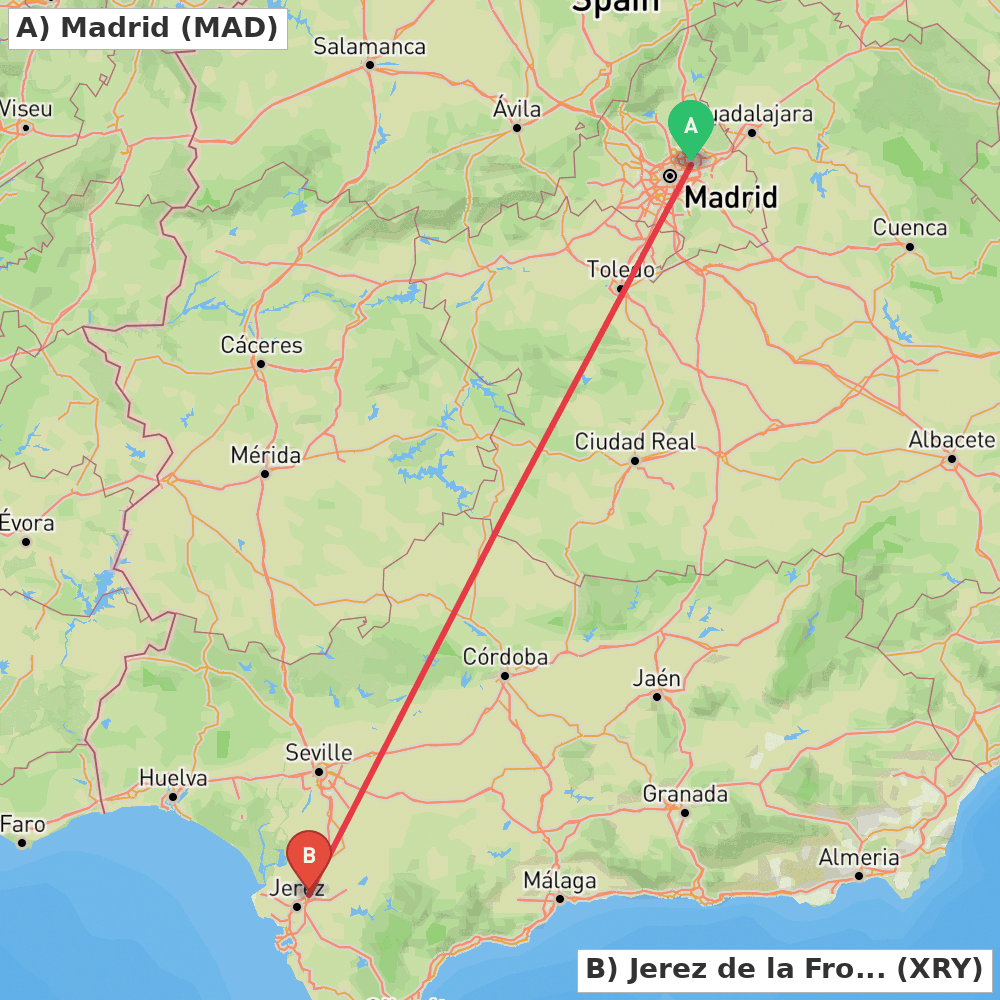 Flight route map from Madrid to Jerez de la Frontera