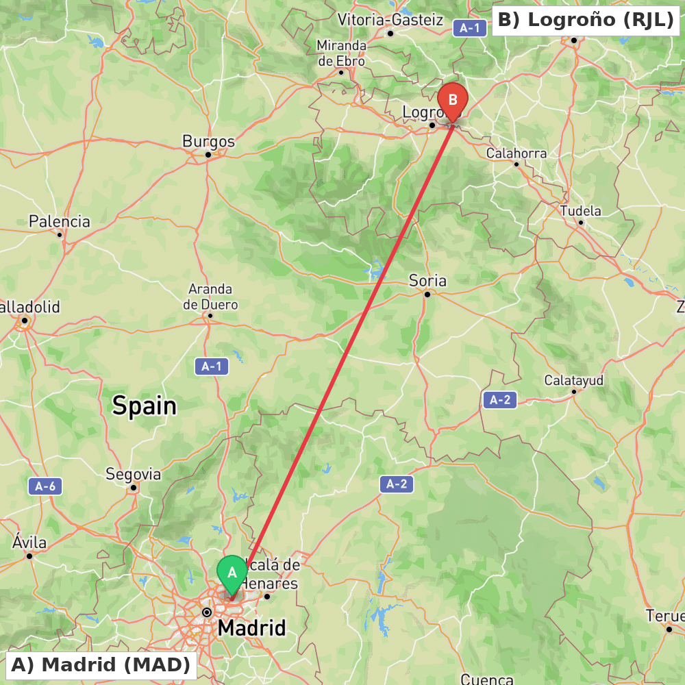 Flight route map from Madrid to Logroño