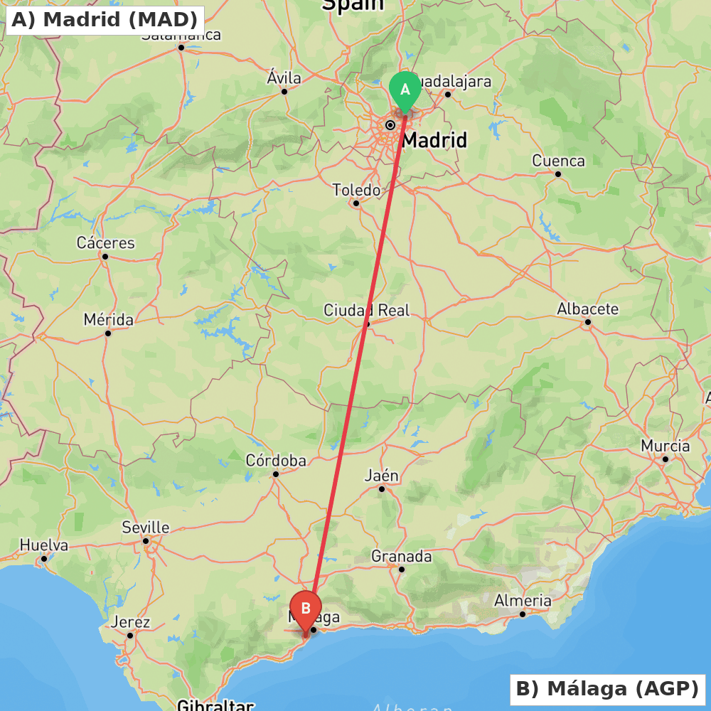 Flight route map from Madrid to Málaga
