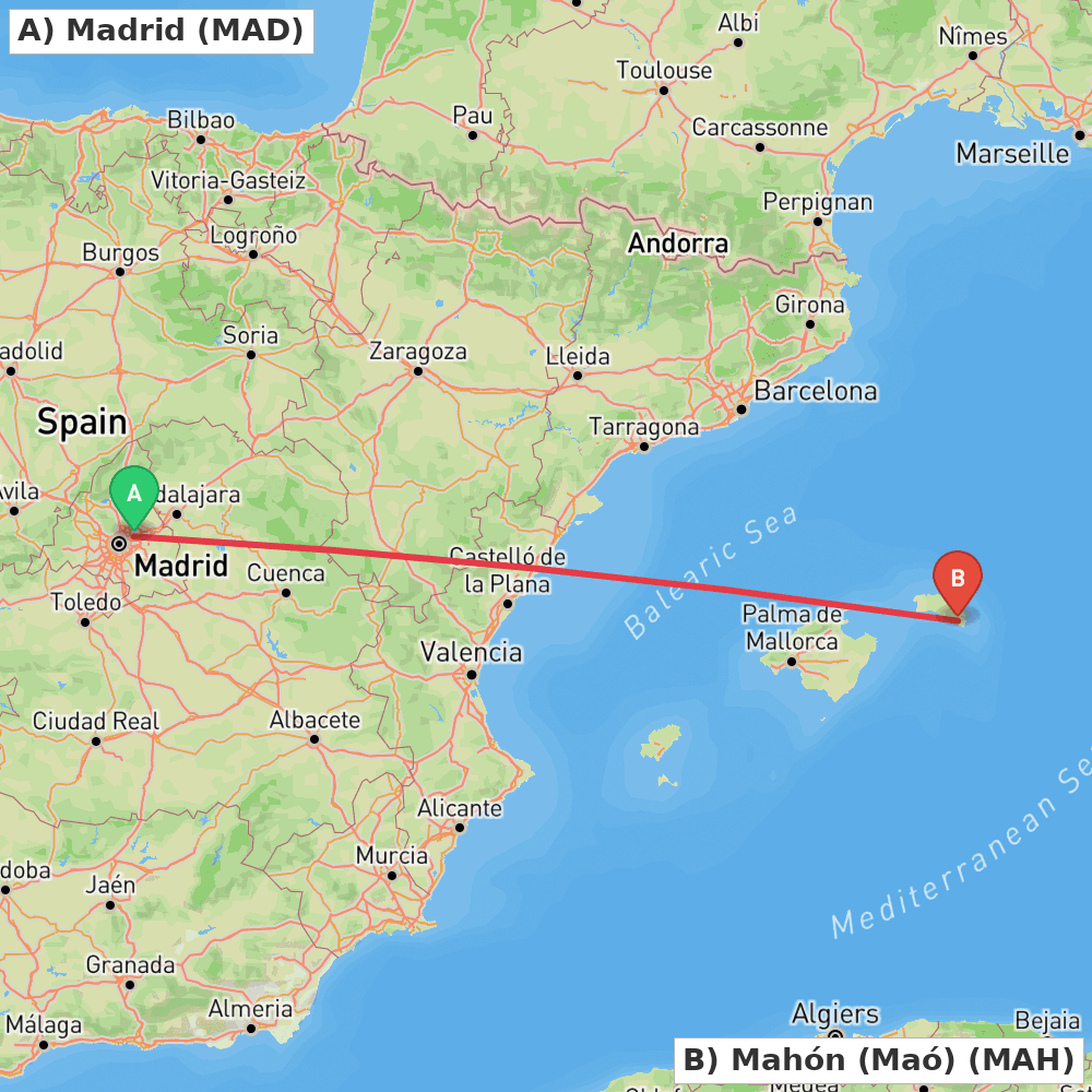 Flight route map from Madrid to Mahón (Maó)