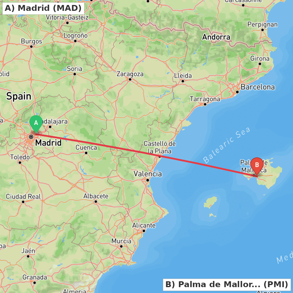 Flight route map from Madrid to Palma de Mallorca