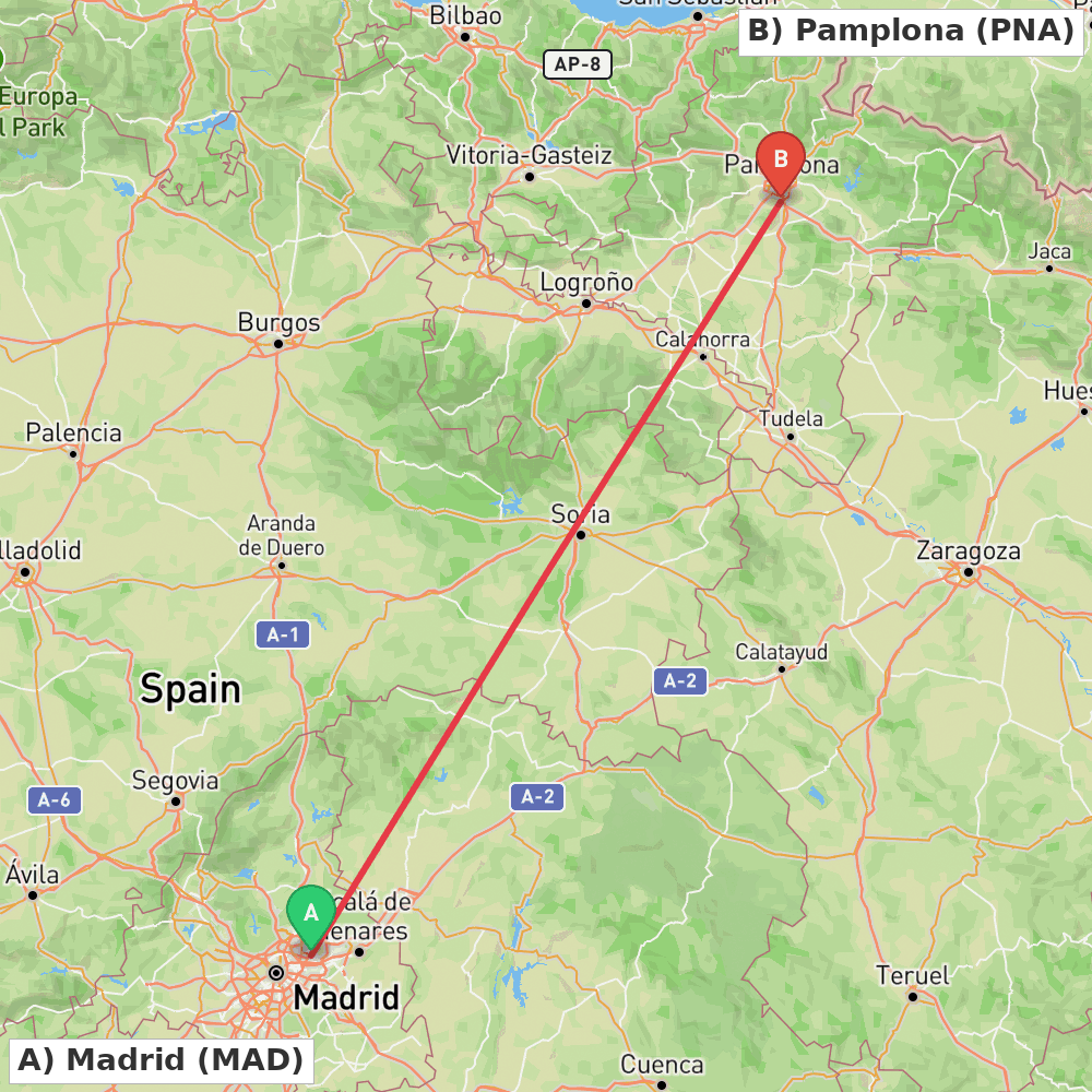 Flight route map from Madrid to Pamplona